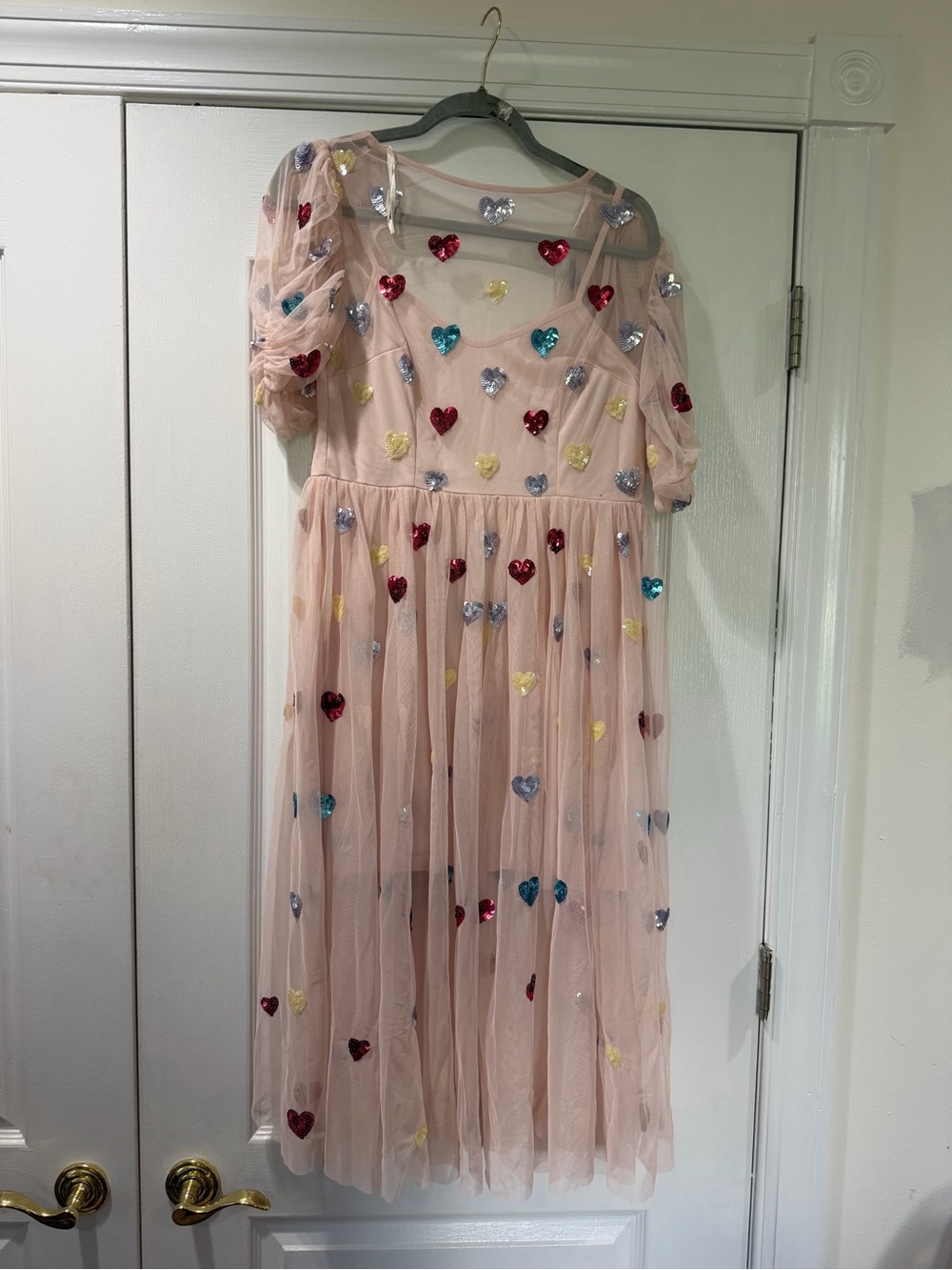 Pink Tulle Dress with Multicolor Heart Embellishments